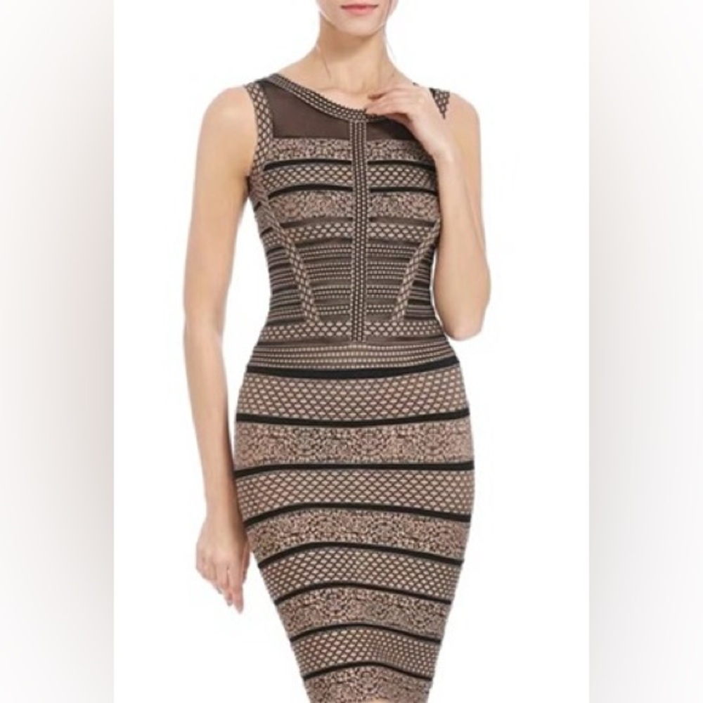 Herve Leger Tan Black Mesh Cut-out Bandage Dress S